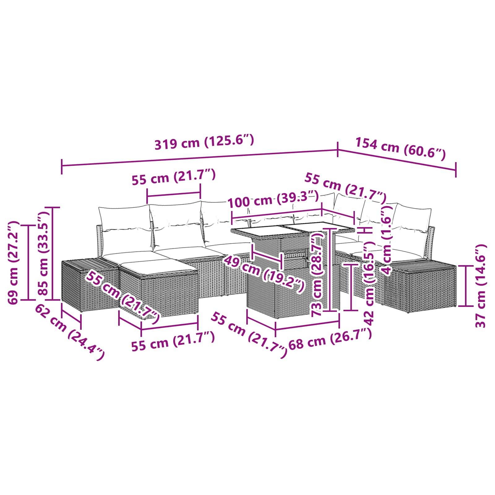 Maßstabzeichnung einer modularen Außenlounge-Garnitur mit Tisch, die Größen von Sofa und Tisch in Zentimetern und Zoll zeigt.