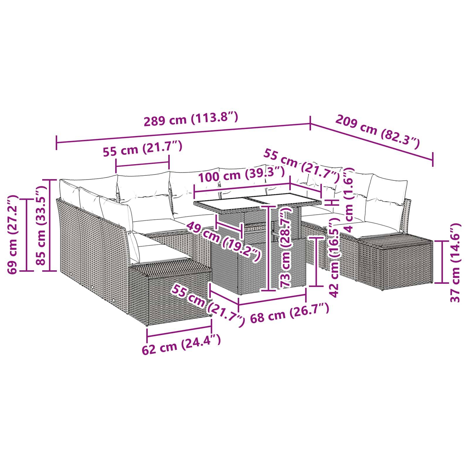 Diagramm eines modularen Polyrattan-Außensofa-Sets mit Eck-, Mittel- und Ottomane-Elementen, das Gesamtabmessungen und Sitzhöhen in Zentimetern und Zoll zeigt.