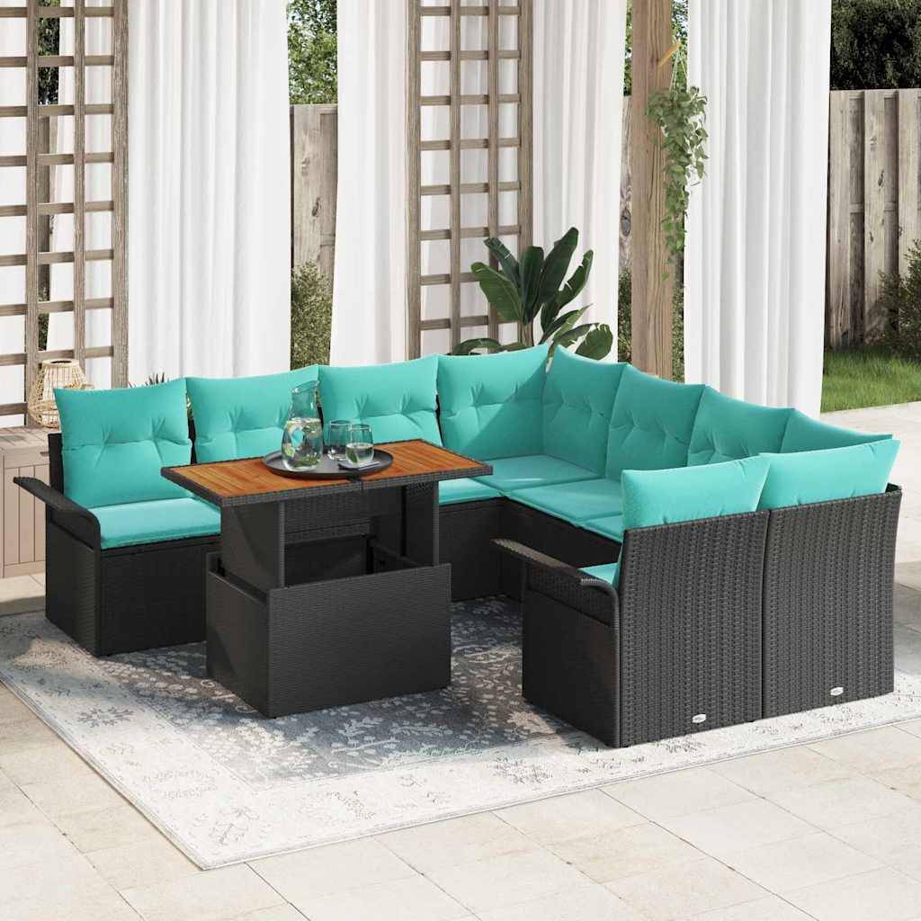vidaXL Garten-Sofa-Set mit Speicher 9 pcs Schwarz Poly Rattan