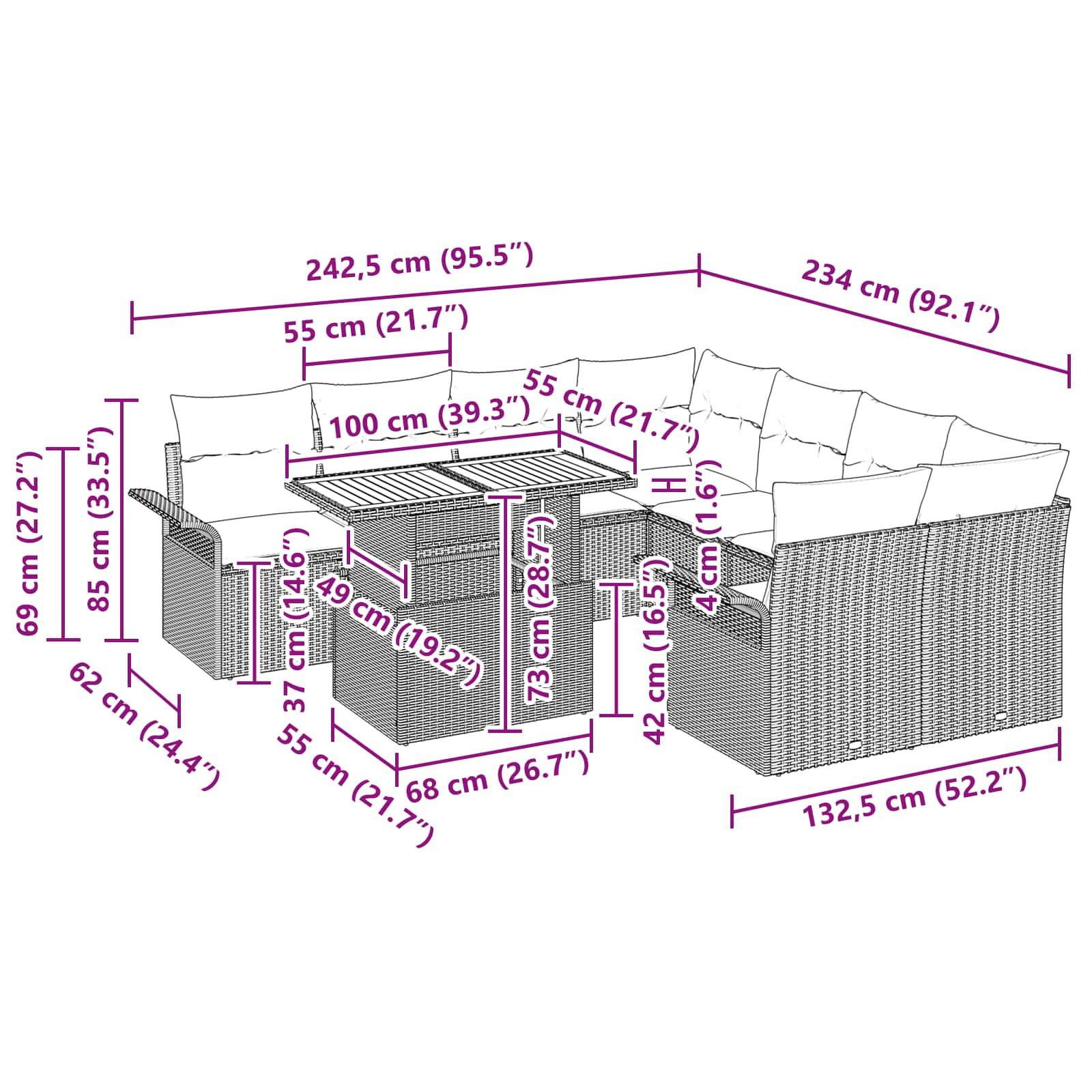 vidaXL Garten-Sofa-Set mit Speicher 11 pcs Grau Poly Rattan