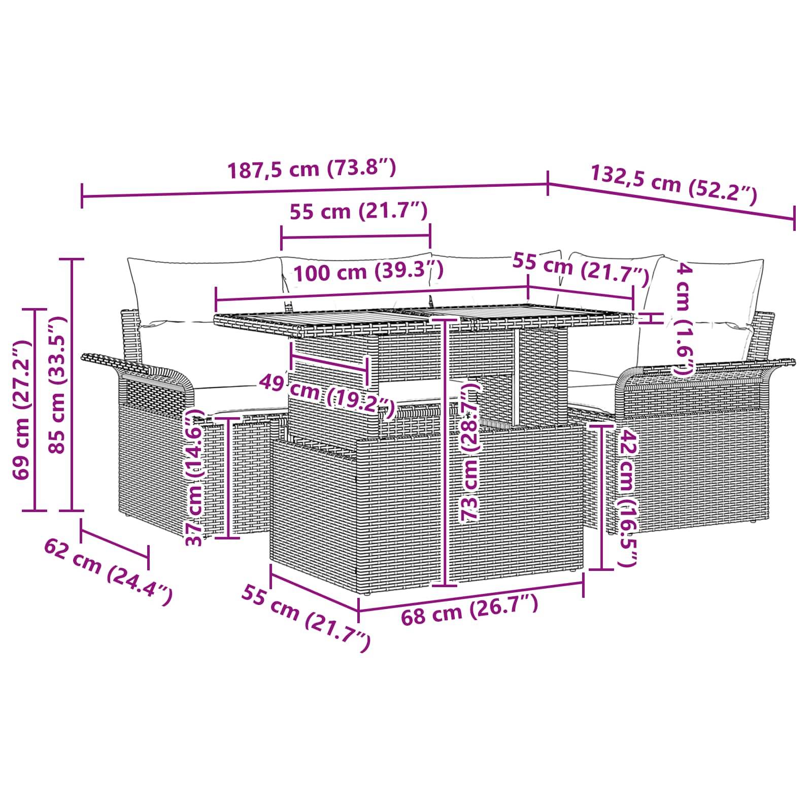 vidaXL Garten-Sofa-Set mit Speicher 5 pcs Grau Poly Rattan