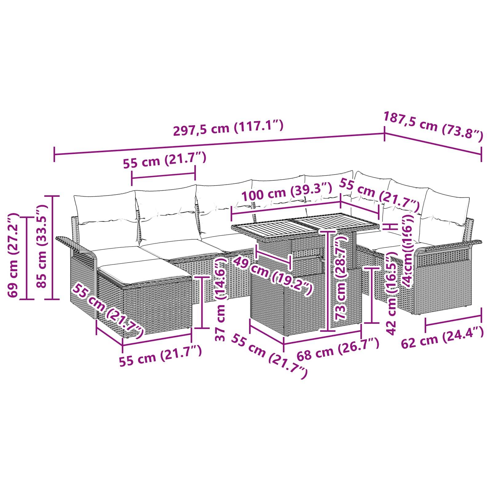 vidaXL Garten-Sofa-Set mit Speicher 9 pcs Schwarz Poly Rattan