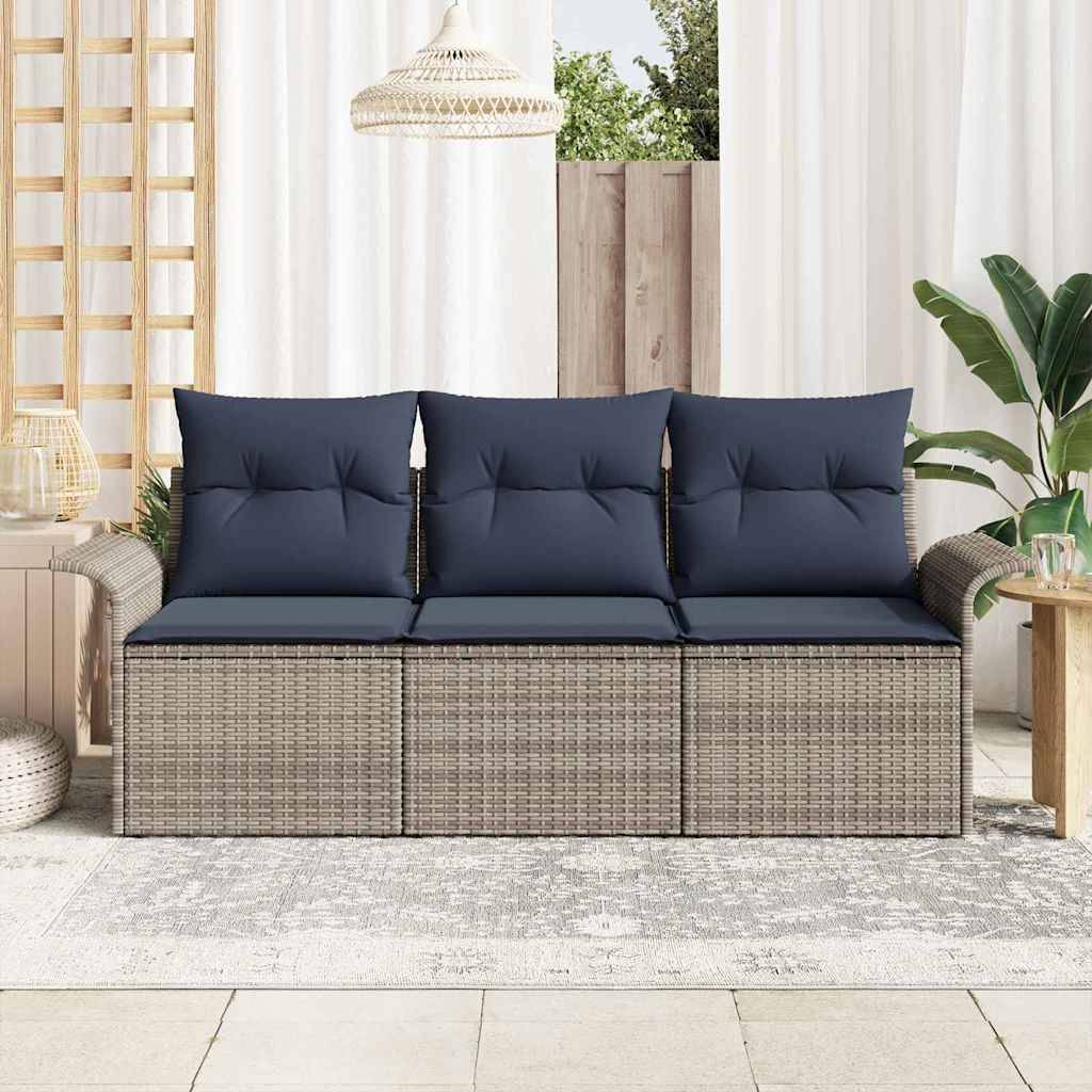 vidaXL Garten-Sofa-Set mit Kissen mit Speicher 3 pcs Grau Poly Rattan