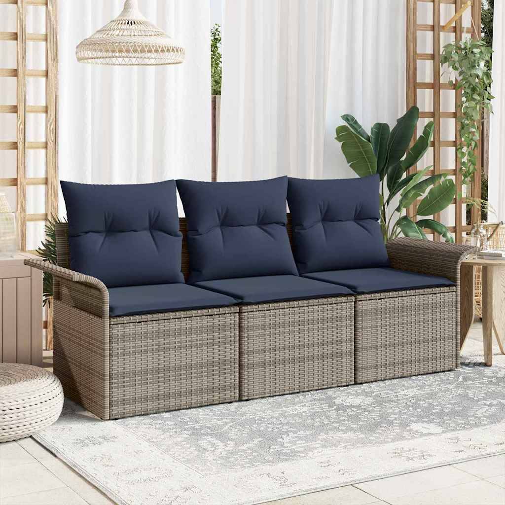 vidaXL Garten-Sofa-Set mit Kissen mit Speicher 3 pcs Grau Poly Rattan