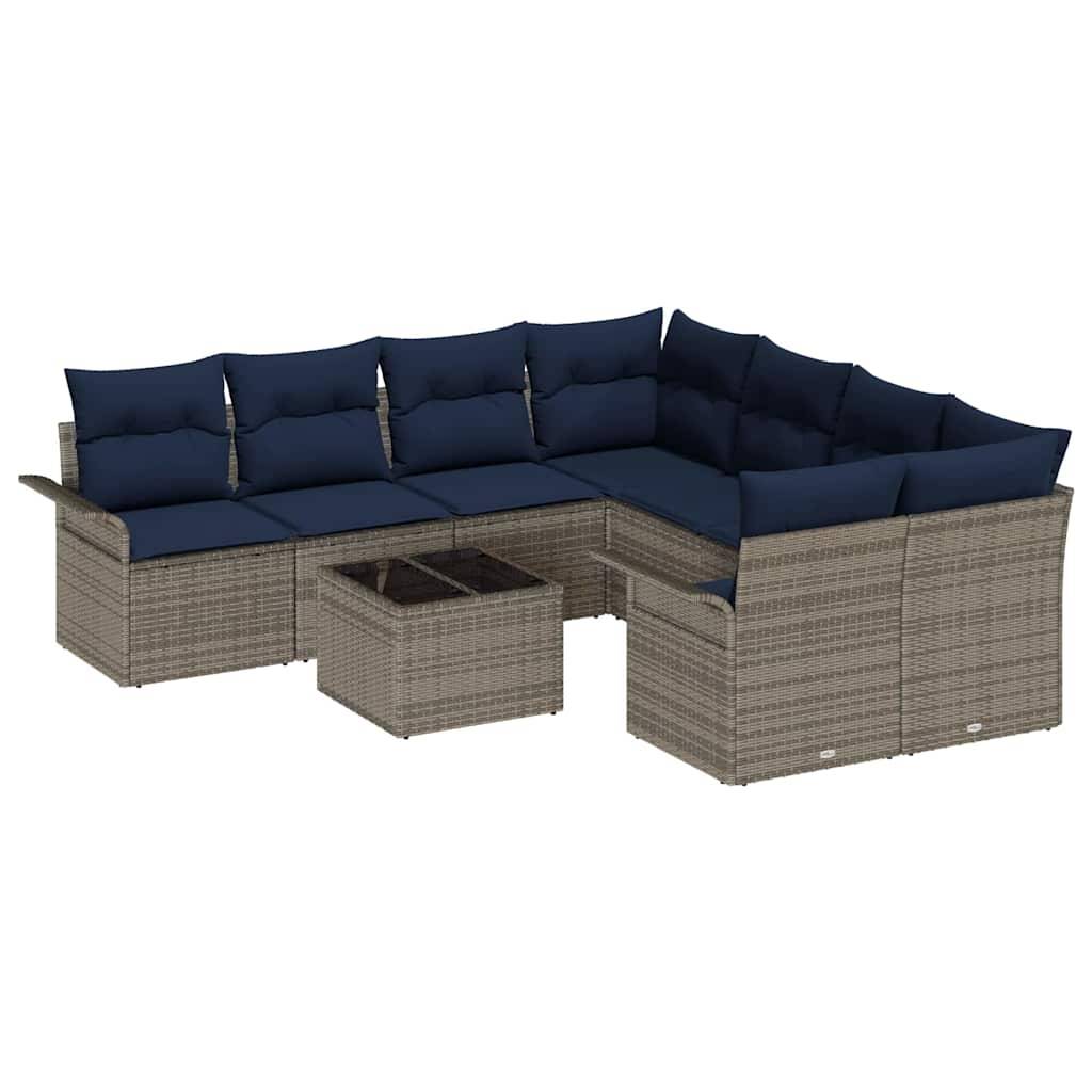 vidaXL Gartensofa-set mit Kissen 9 pcs Grau und Marineblau Poly-Rattan