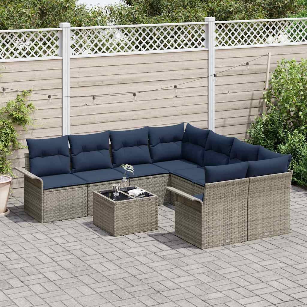 vidaXL Gartensofa-set mit Kissen 9 pcs Grau und Marineblau Poly-Rattan