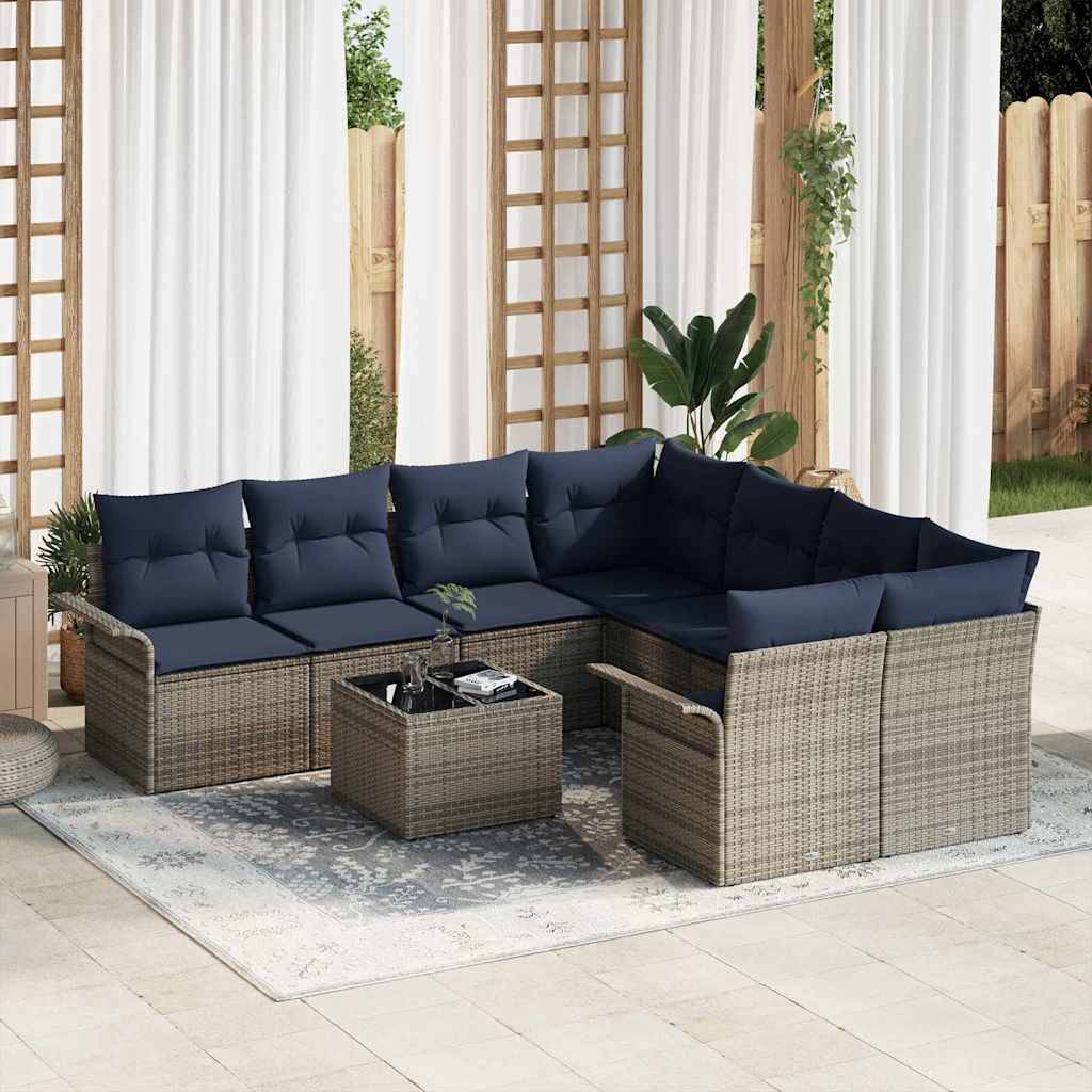 vidaXL Gartensofa-set mit Kissen 9 pcs Grau und Marineblau Poly-Rattan
