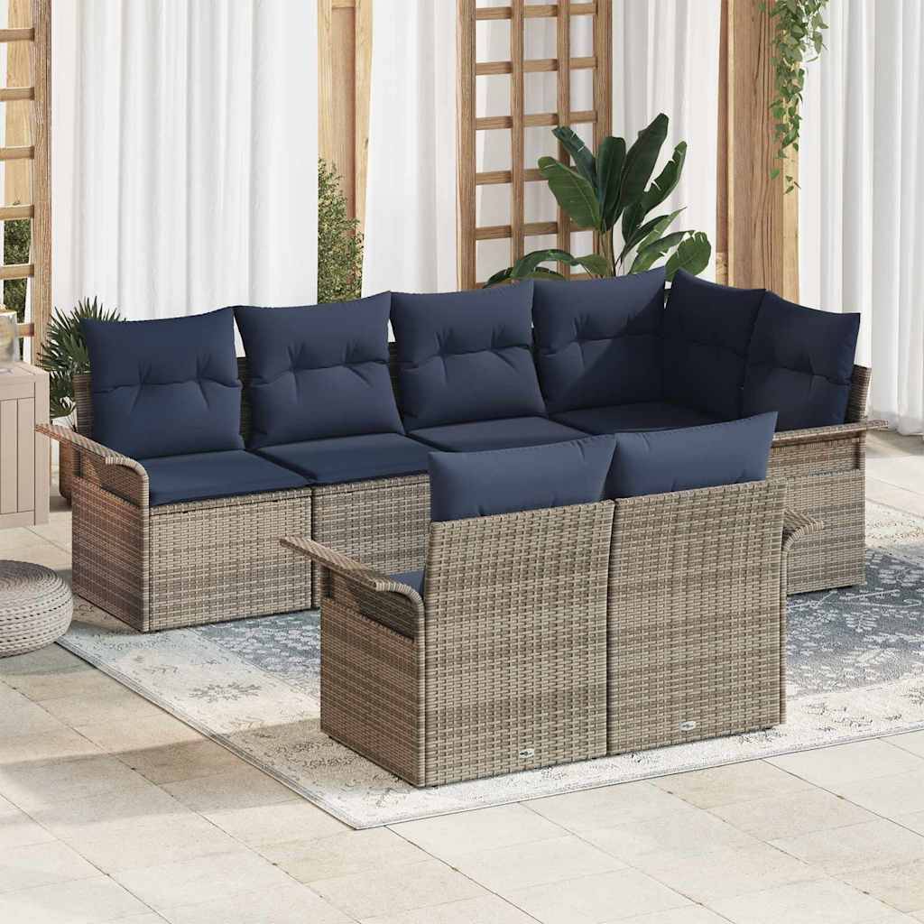 vidaXL Garten-Sofa-Set mit Kissen mit Speicher 7 pcs Grau Poly Rattan