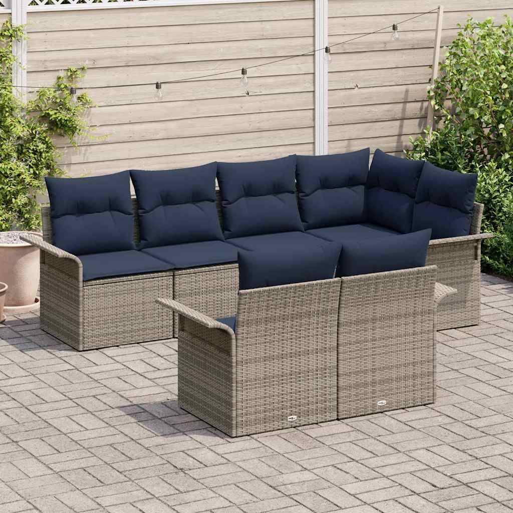 vidaXL Garten-Sofa-Set mit Kissen mit Speicher 7 pcs Grau Poly Rattan