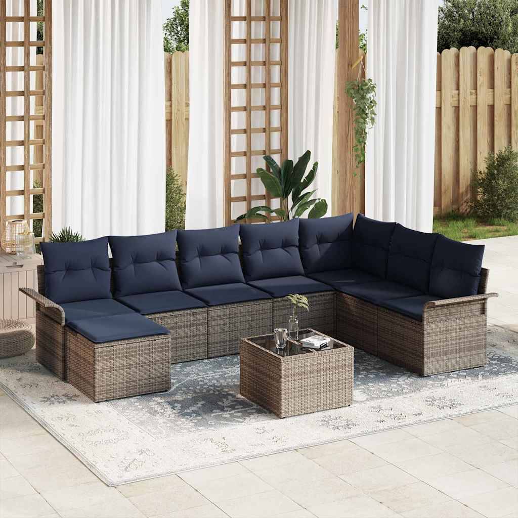 vidaXL Gartensofa-set mit Kissen mit Speicher 9 pcs Grau Poly Rattan