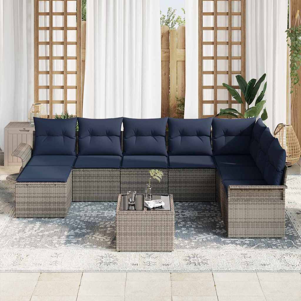 vidaXL Gartensofa-set mit Kissen mit Speicher 9 pcs Grau Poly Rattan