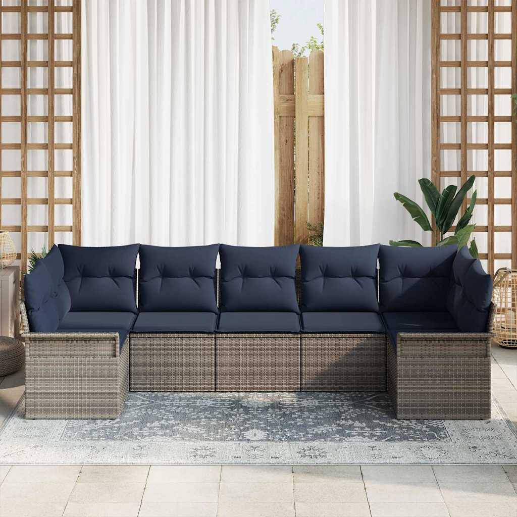 vidaXL Garten-Sofa-Set mit Kissen 7 pcs Grau Poly Rattan