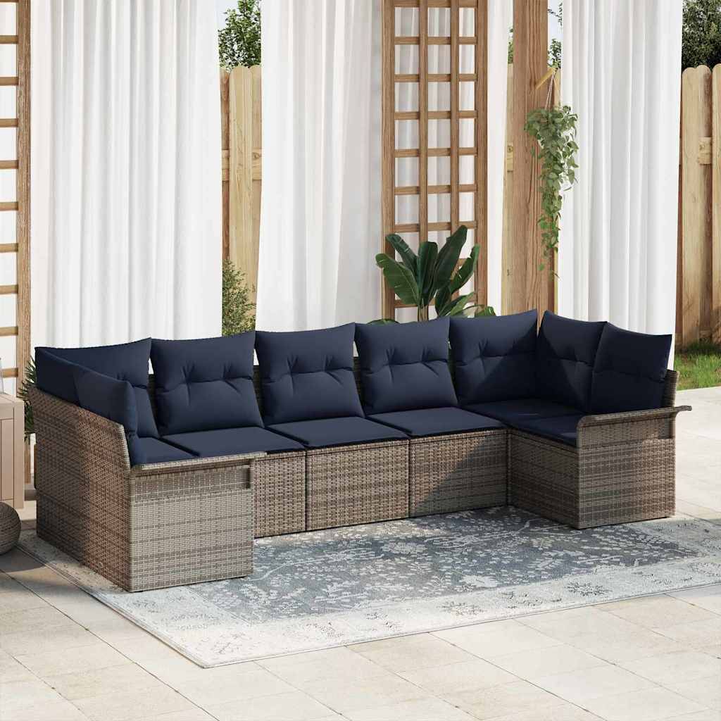vidaXL Garten-Sofa-Set mit Kissen 7 pcs Grau Poly Rattan