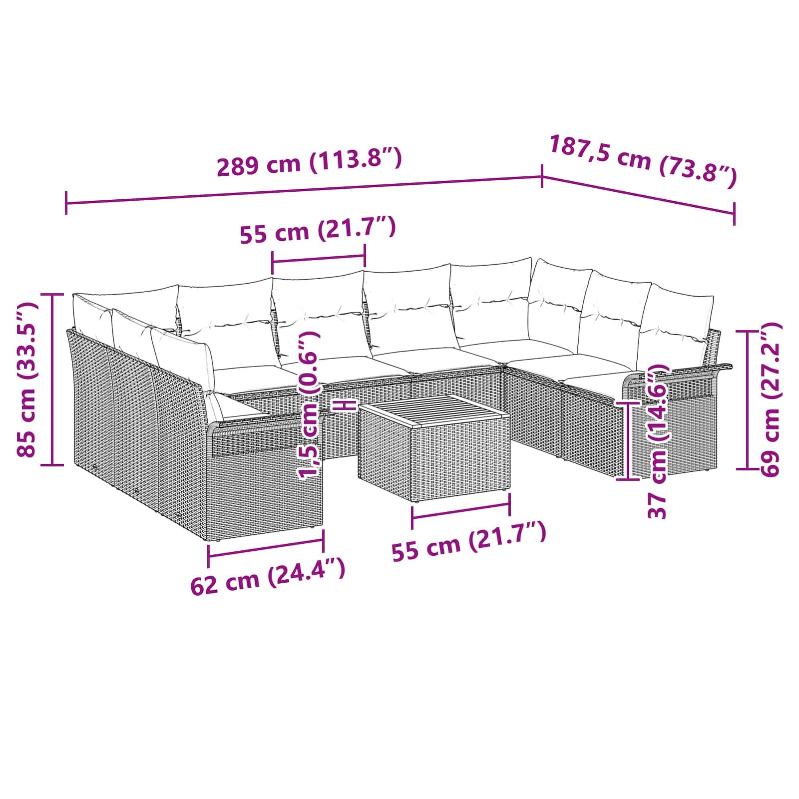 vidaXL Gartensofa-set mit Kissen 10 pcs Schwarz Poly-Rattan