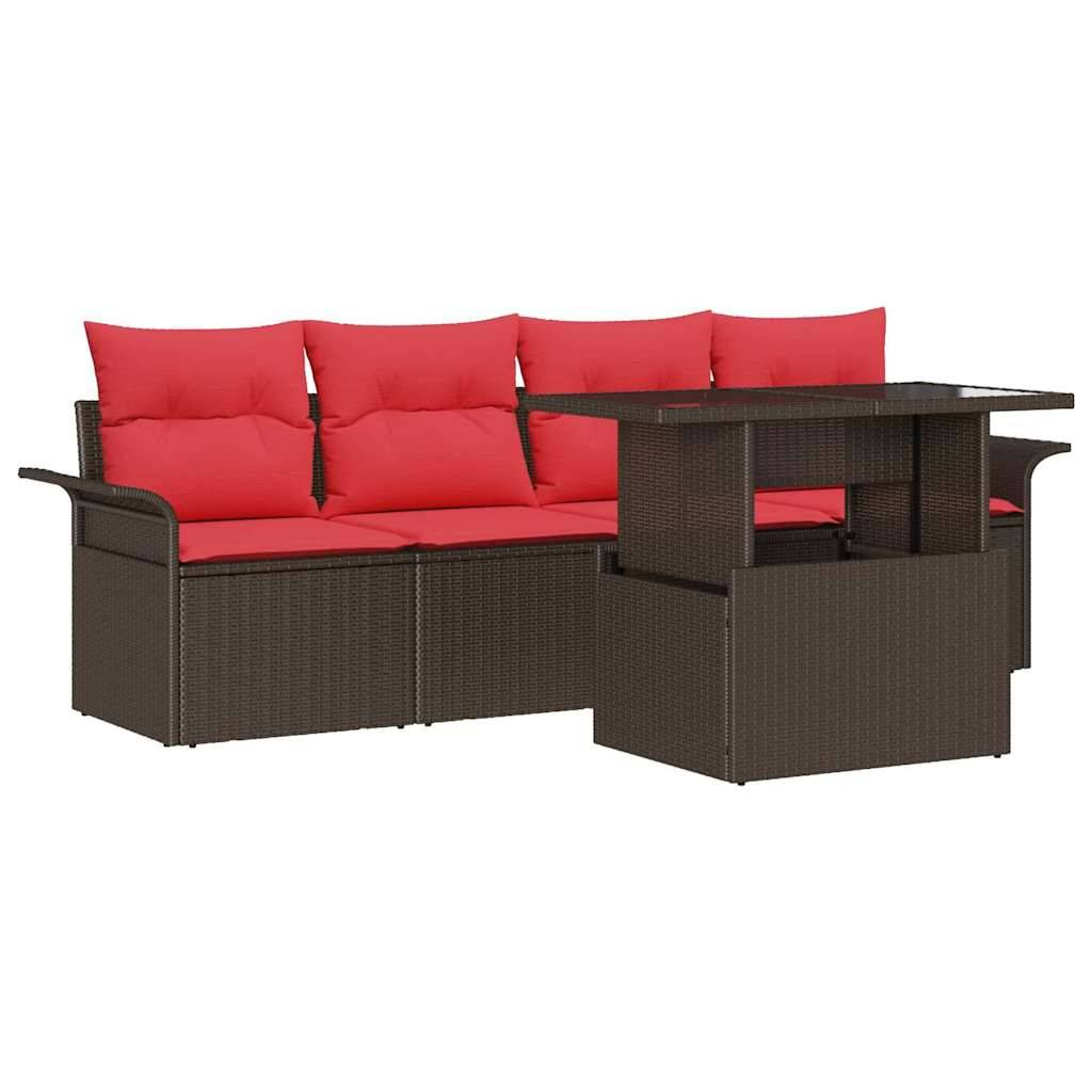 vidaXL Garten-Sofa-Set mit Kissen mit Speicher 5 pcs Braun Poly Rattan