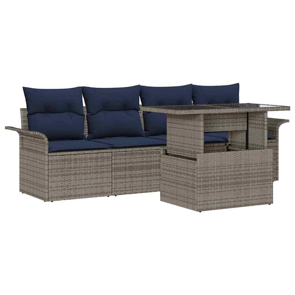 vidaXL Garten-Sofa-Set mit Kissen mit Speicher 5 pcs Grau Poly Rattan