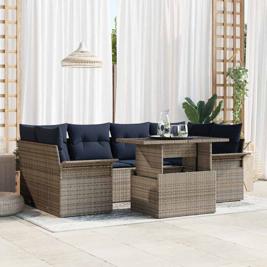 vidaXL Gartensofa-set mit Kissen mit Speicher 7 pcs Grau Poly Rattan