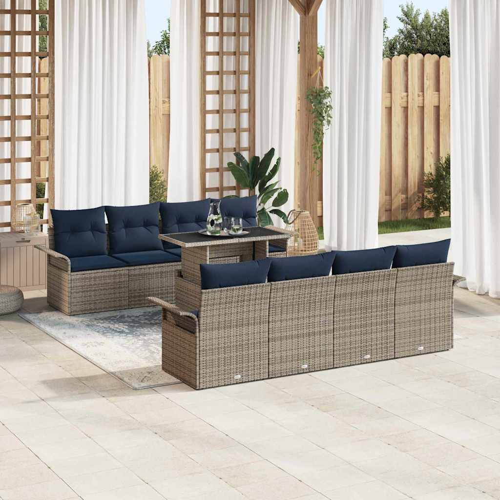 vidaXL Garten-Sofa-Set mit Kissen 9 pcs Grau Poly Rattan