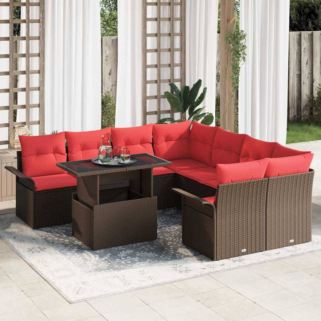 vidaXL Garten-Sofa-Set mit Kissen 9 pcs Braun Poly Rattan