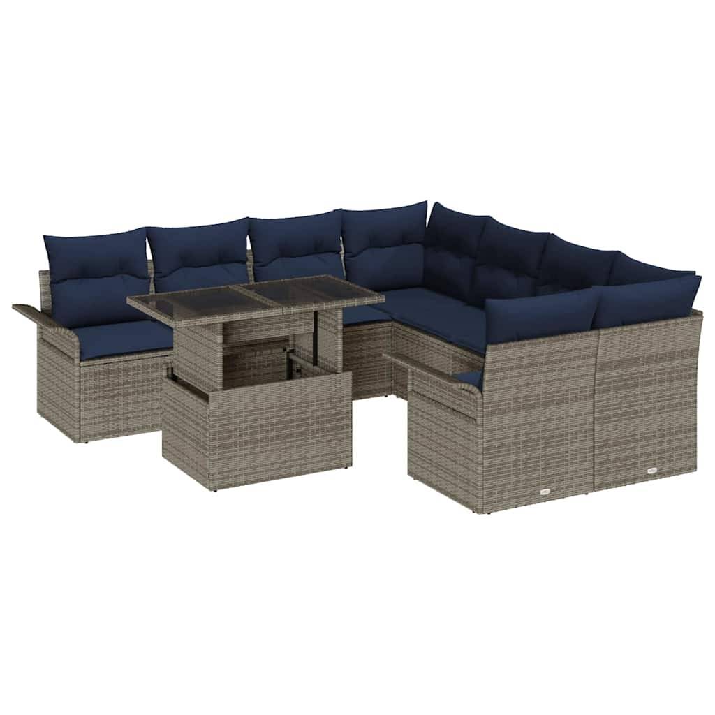 vidaXL Gartensofa-set mit Kissen mit Speicher 9 pcs Grau Poly Rattan
