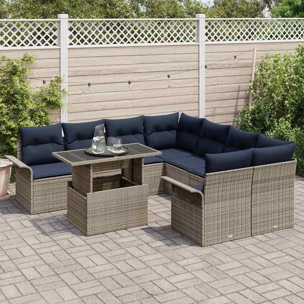 vidaXL Gartensofa-set mit Kissen mit Speicher 9 pcs Grau Poly Rattan