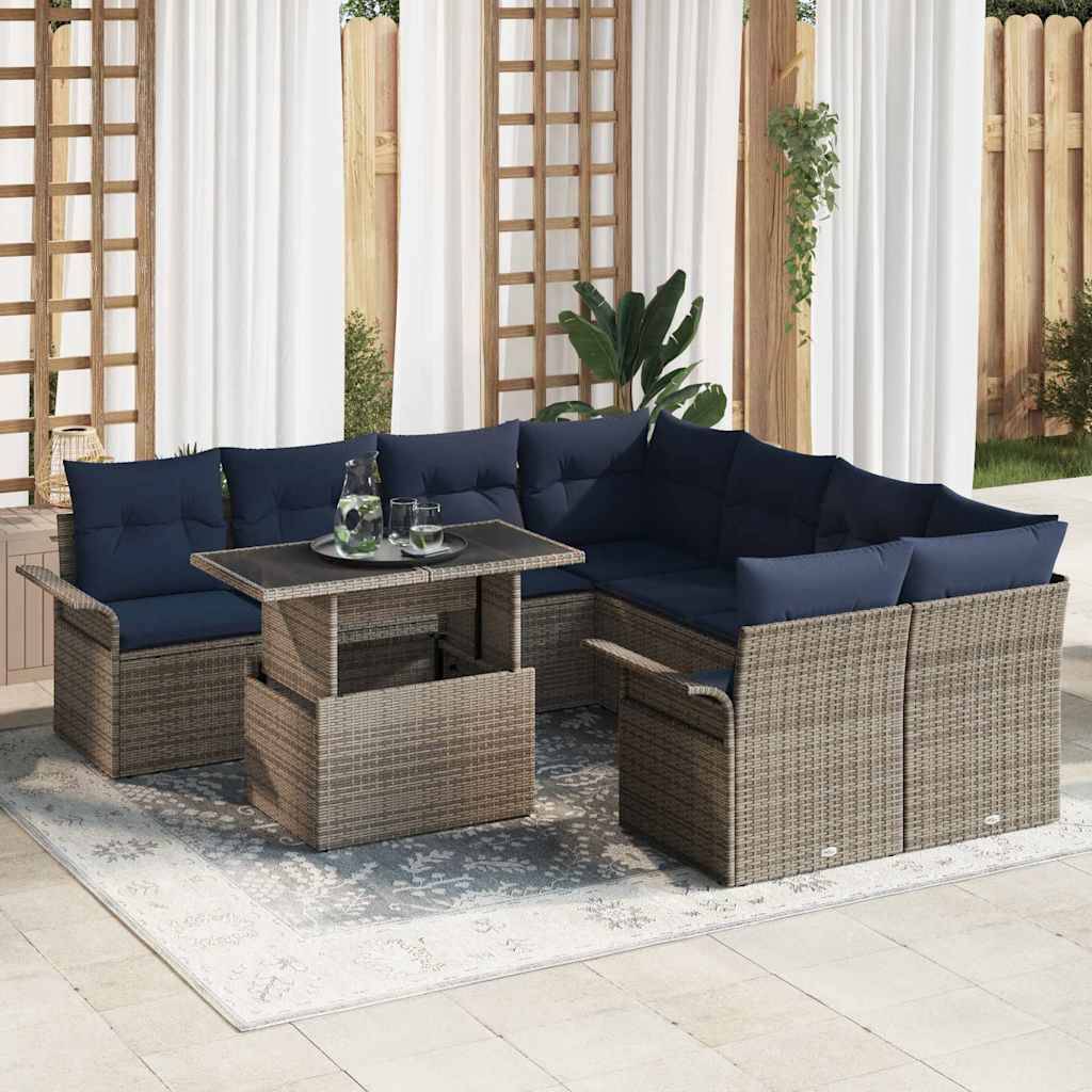 vidaXL Garten-Sofa-Set mit Kissen 9 pcs Grau Poly Rattan