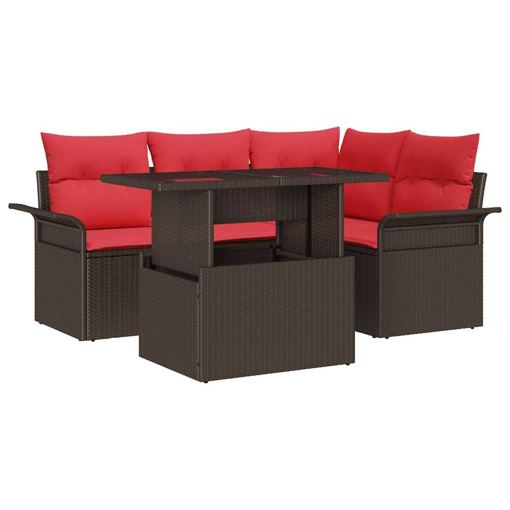 vidaXL Gartensofa-set mit Kissen mit Speicher 5 pcs Braun Poly Rattan