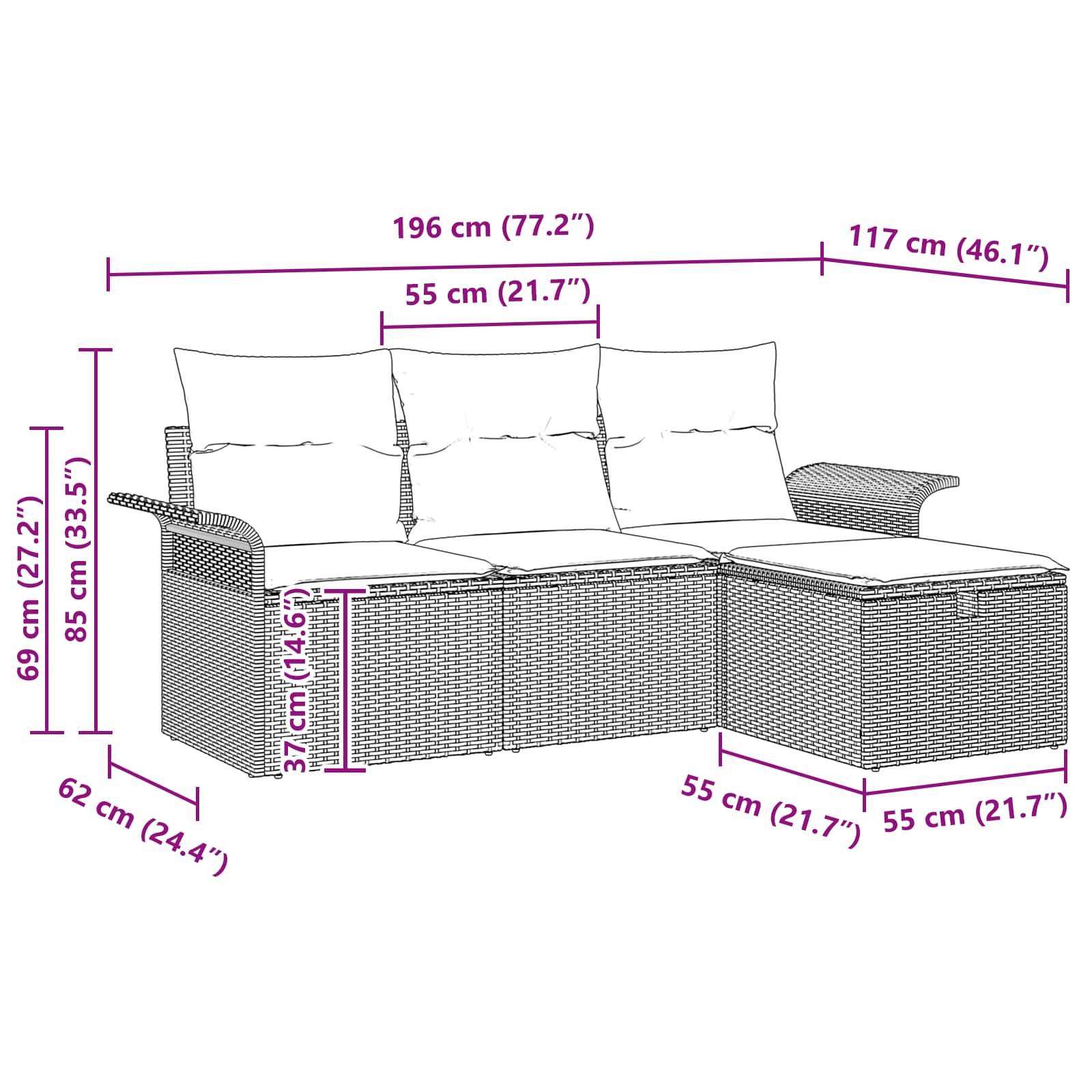 vidaXL Gartensofa-set mit Kissen 4 pcs Braun und Rot Poly-Rattan