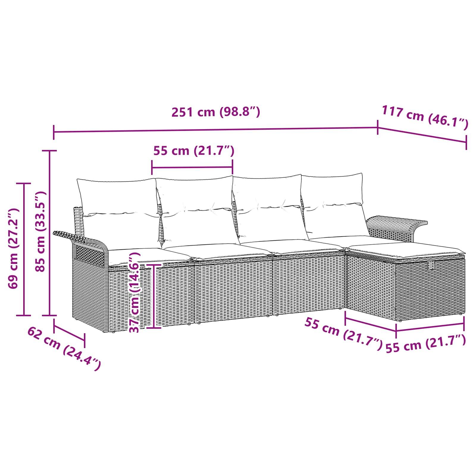 vidaXL Gartensofa-set mit Kissen mit Speicher 5 pcs Poly Rattan