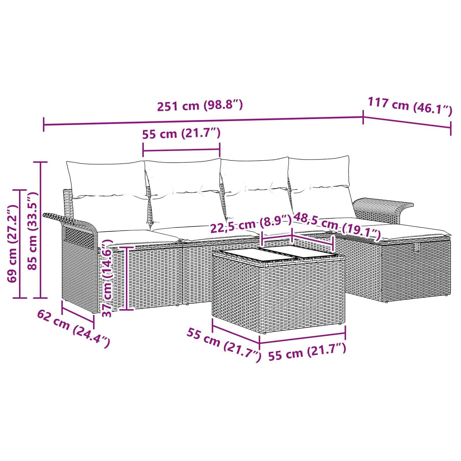 vidaXL Gartensofa-set mit Kissen mit Speicher 6 pcs Poly Rattan