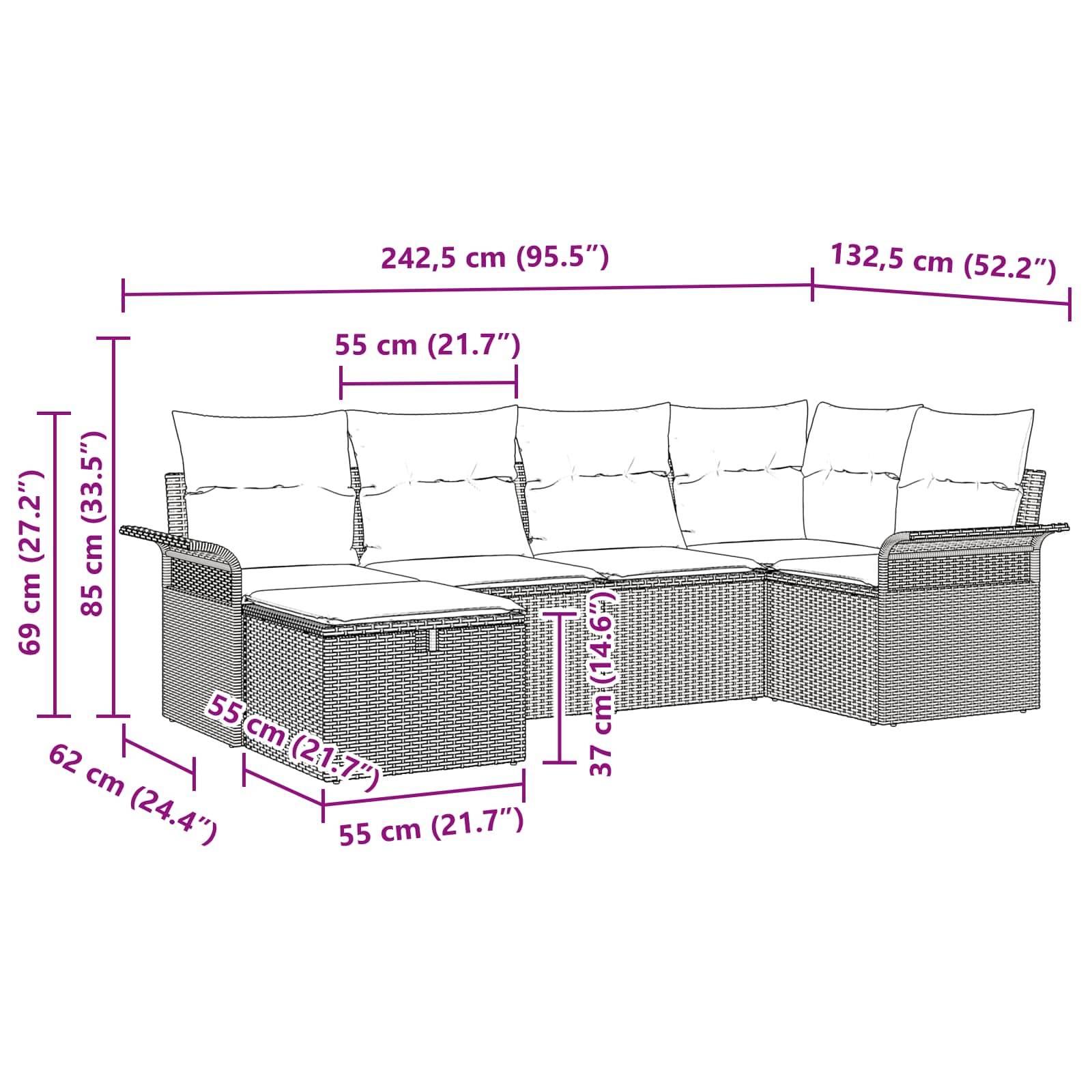 vidaXL Gartensofa-set mit Kissen mit Speicher 6 pcs Poly Rattan