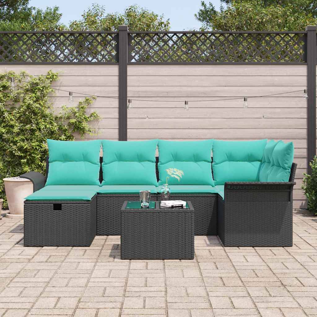 vidaXL Garten-Sofa-Set mit Kissen 7 pcs Schwarz Poly Rattan