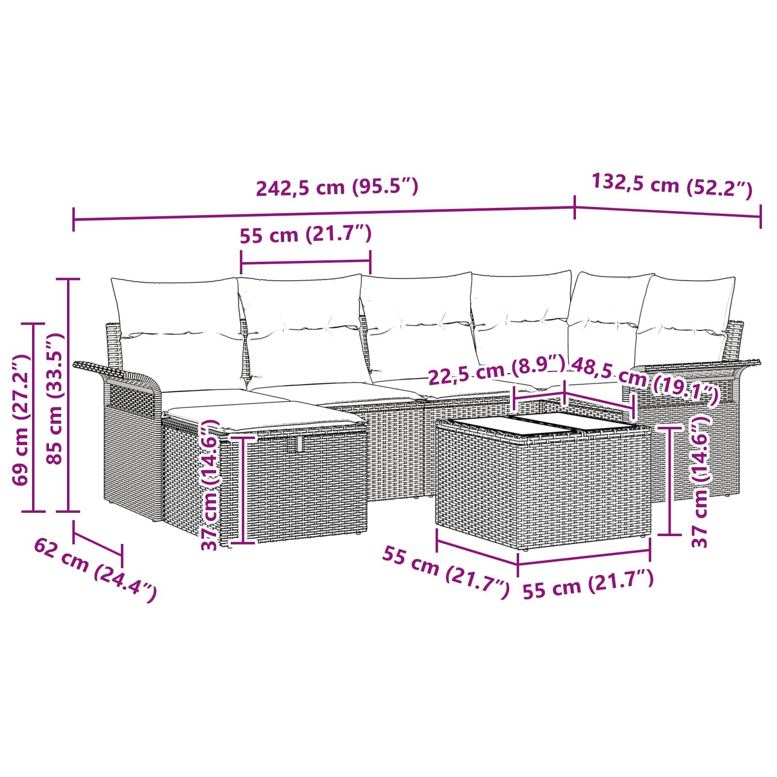 vidaXL Gartensofa-set mit Kissen mit Speicher 7 pcs Poly Rattan