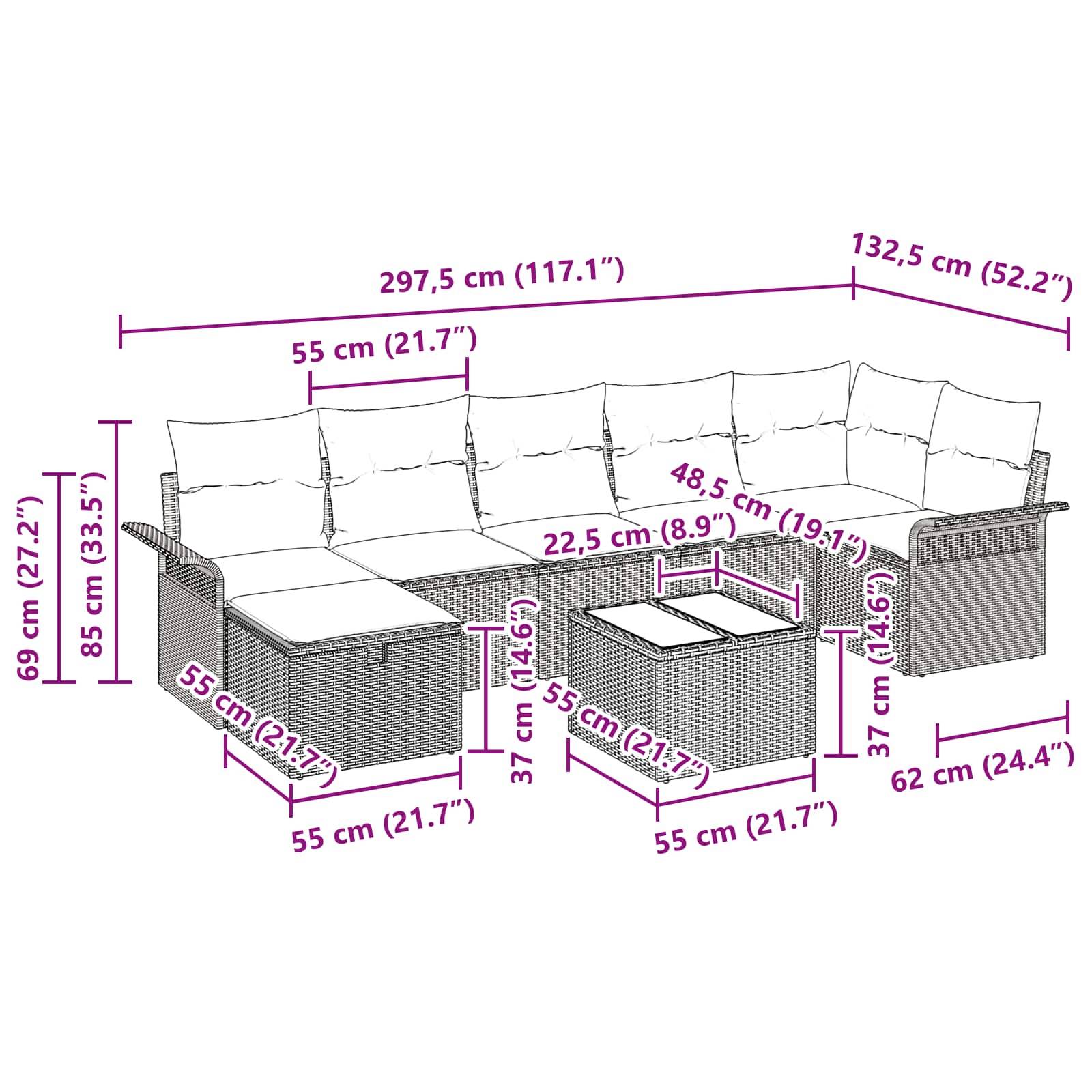 vidaXL Gartensofa-set mit Kissen mit Speicher 8 pcs Poly Rattan