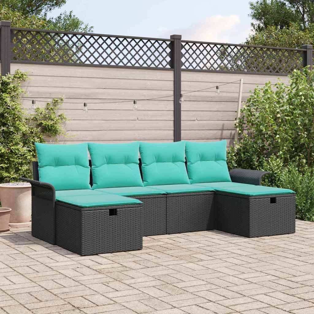 vidaXL Garten-Sofa-Set mit Kissen 6 pcs Schwarz Poly Rattan