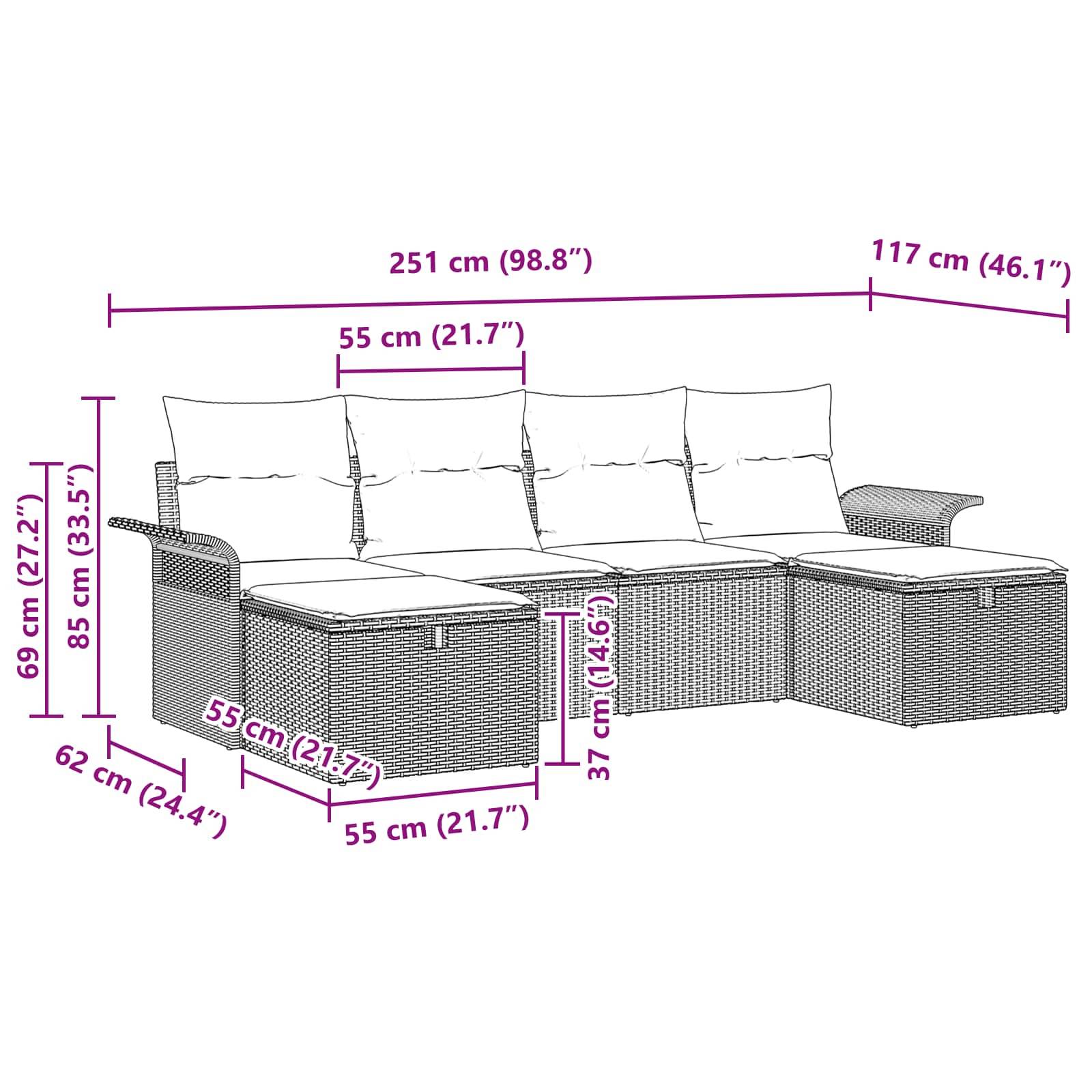 vidaXL Gartensofa-set mit Kissen mit Speicher 6 pcs Poly Rattan