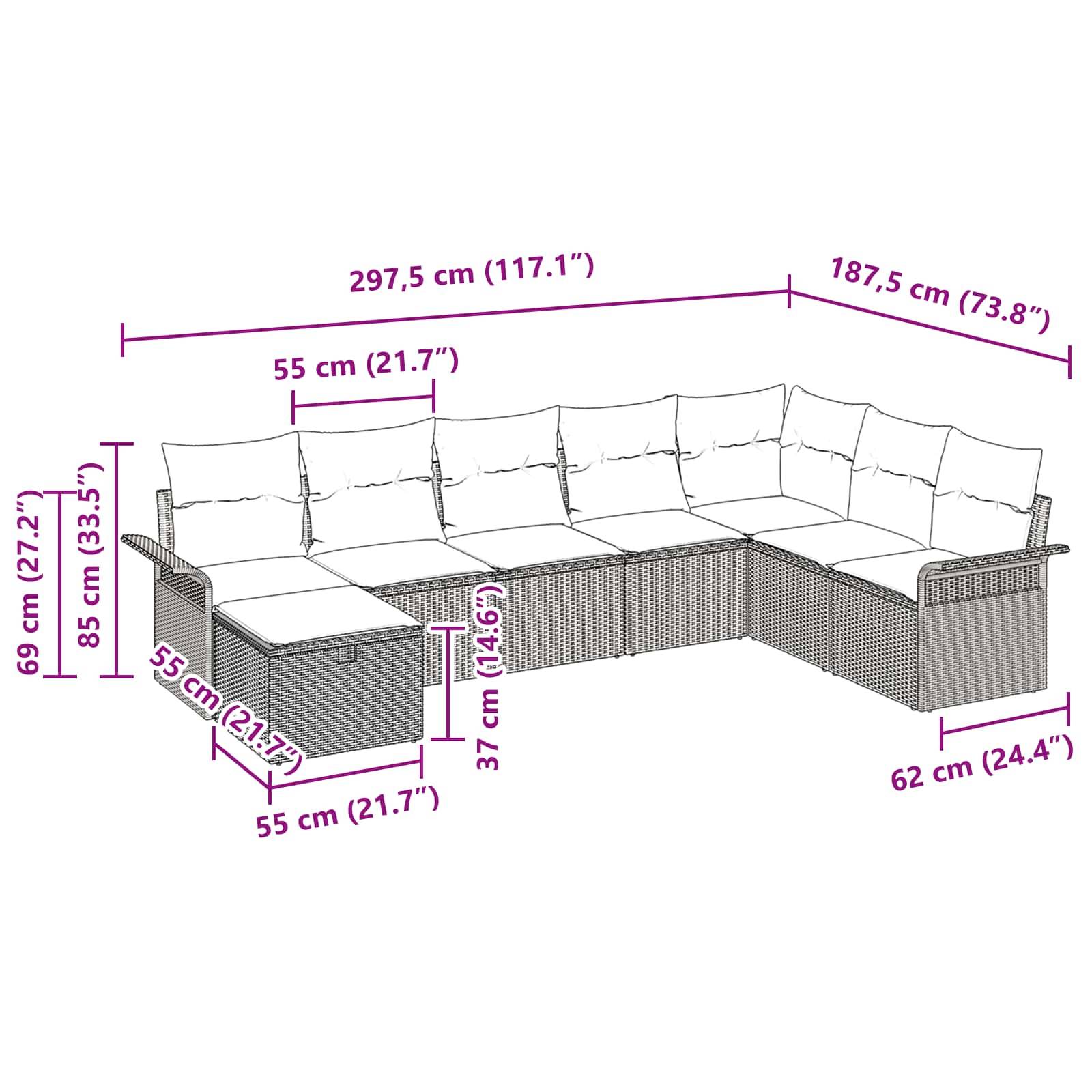 vidaXL Gartensofa-set mit Kissen mit Speicher 8 pcs Poly Rattan