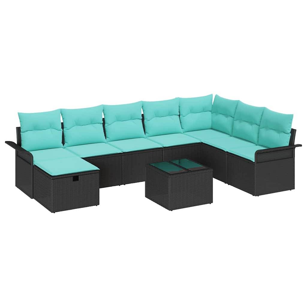 vidaXL Garten-Sofa-Set mit Kissen 9 pcs Schwarz Poly Rattan