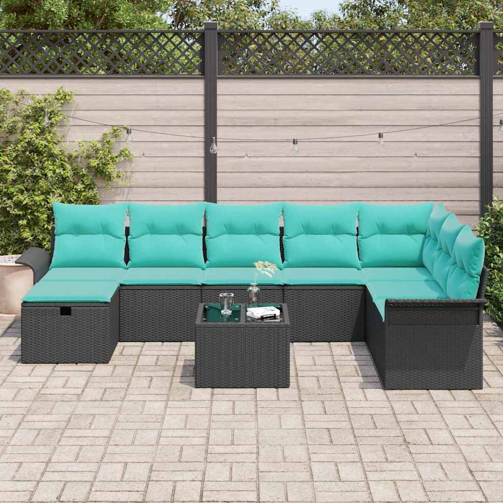 vidaXL Garten-Sofa-Set mit Kissen 9 pcs Schwarz Poly Rattan