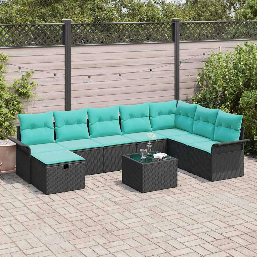 vidaXL Garten-Sofa-Set mit Kissen 9 pcs Schwarz Poly Rattan