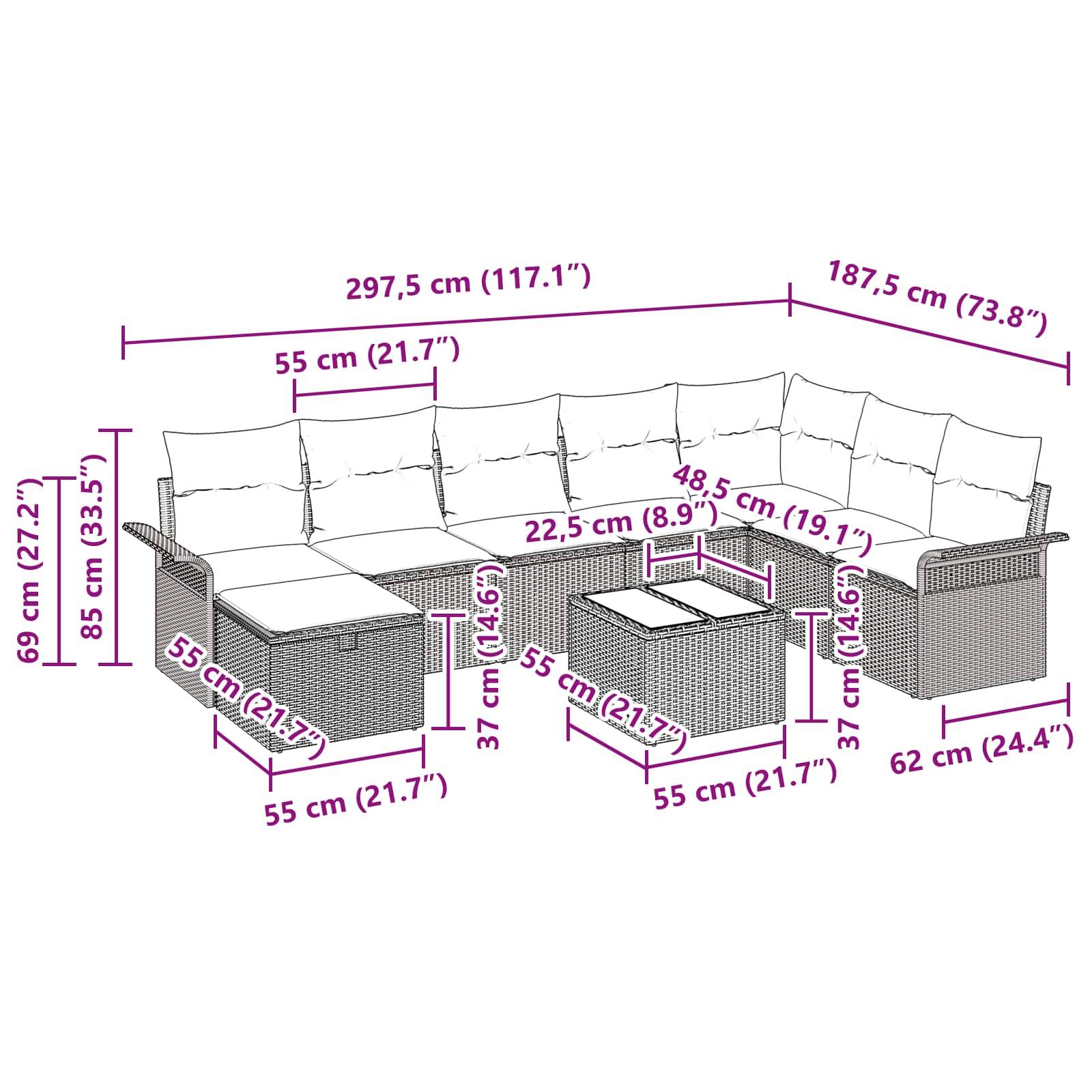 vidaXL Gartensofa-set mit Kissen mit Speicher 9 pcs Poly Rattan