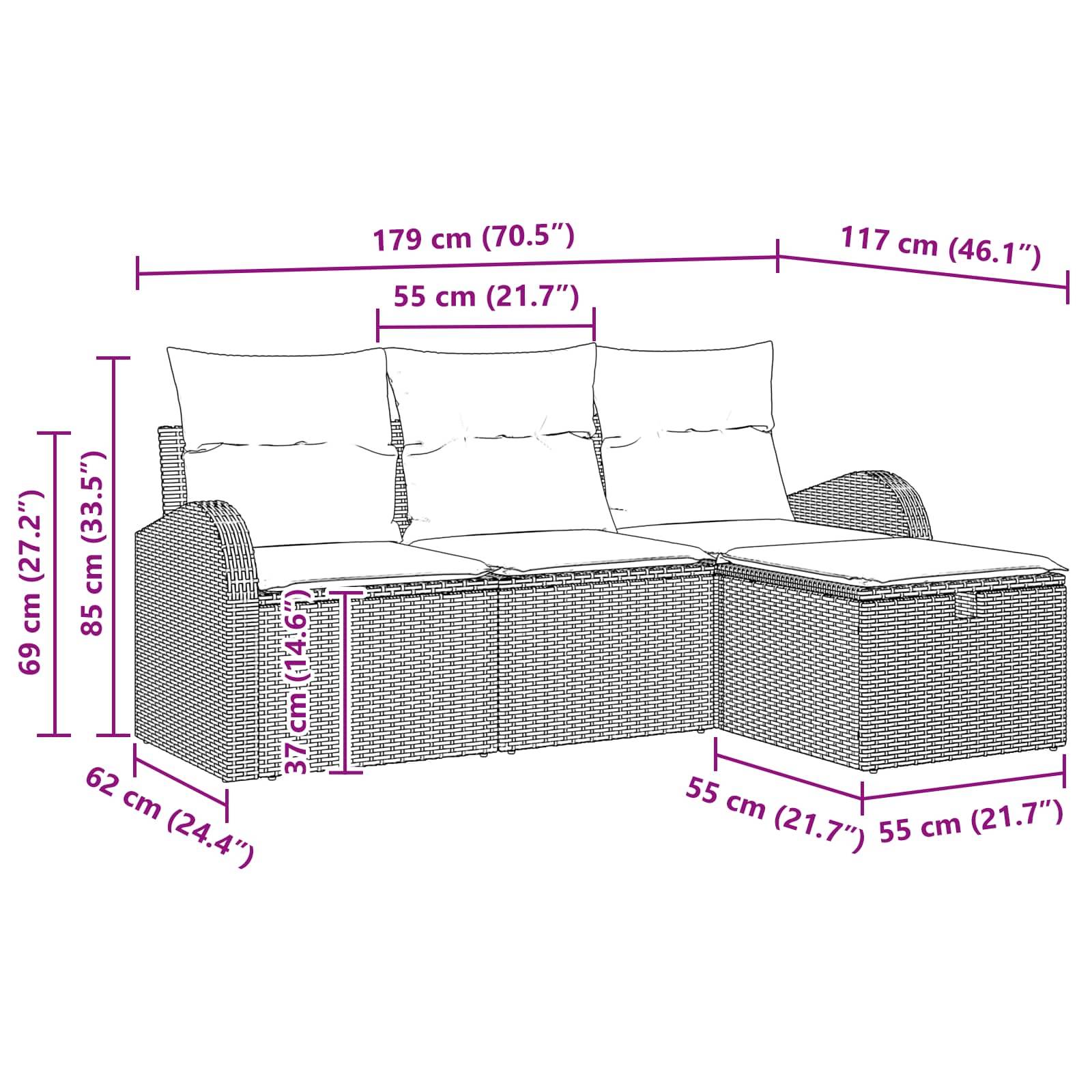 vidaXL Gartensofa-set mit Kissen mit Speicher 4 pcs Braun Poly-Rattan