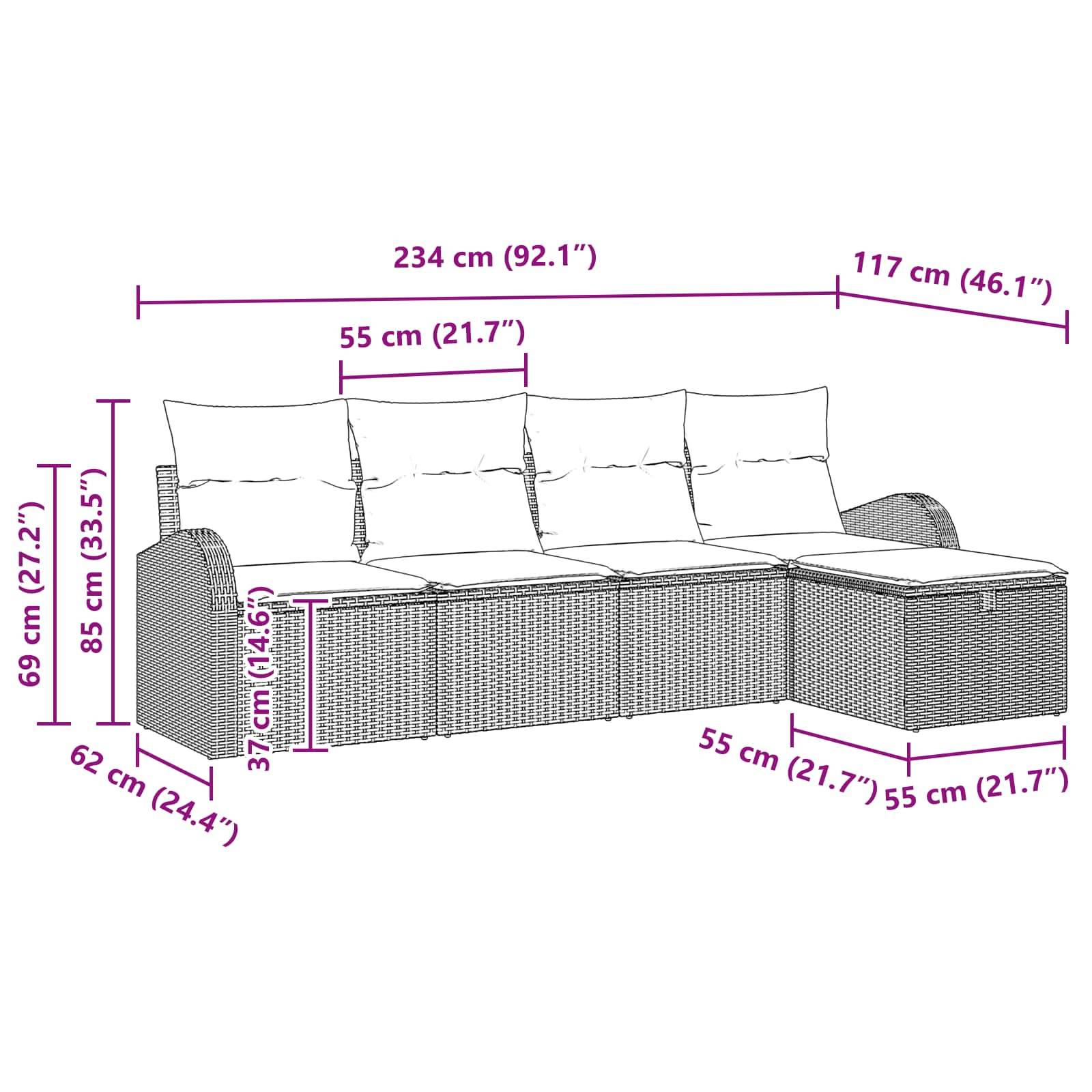 vidaXL Garten-Sofa-Set mit Kissen 5 pcs Schwarz Poly Rattan