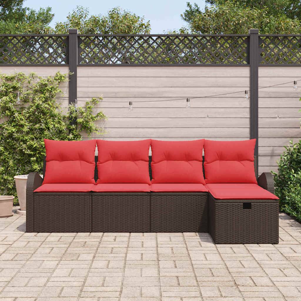 vidaXL Sofa Set mit Kissen 5 pcs Braun und Rot Poly-Rattan