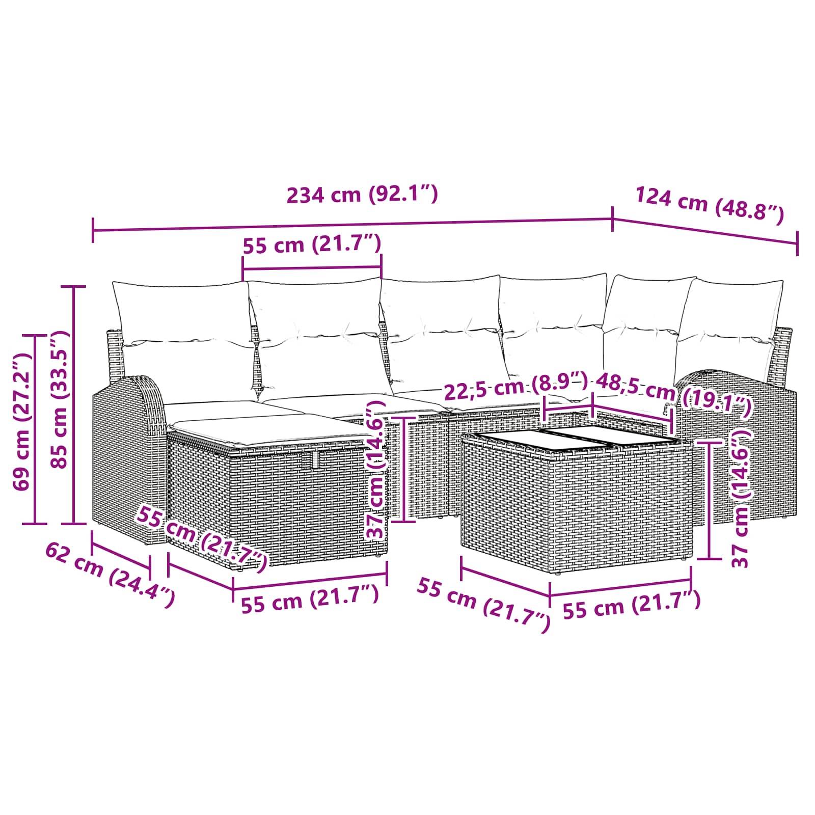 vidaXL Gartensofa-set mit Kissen mit Speicher 7 pcs Braun Poly-Rattan