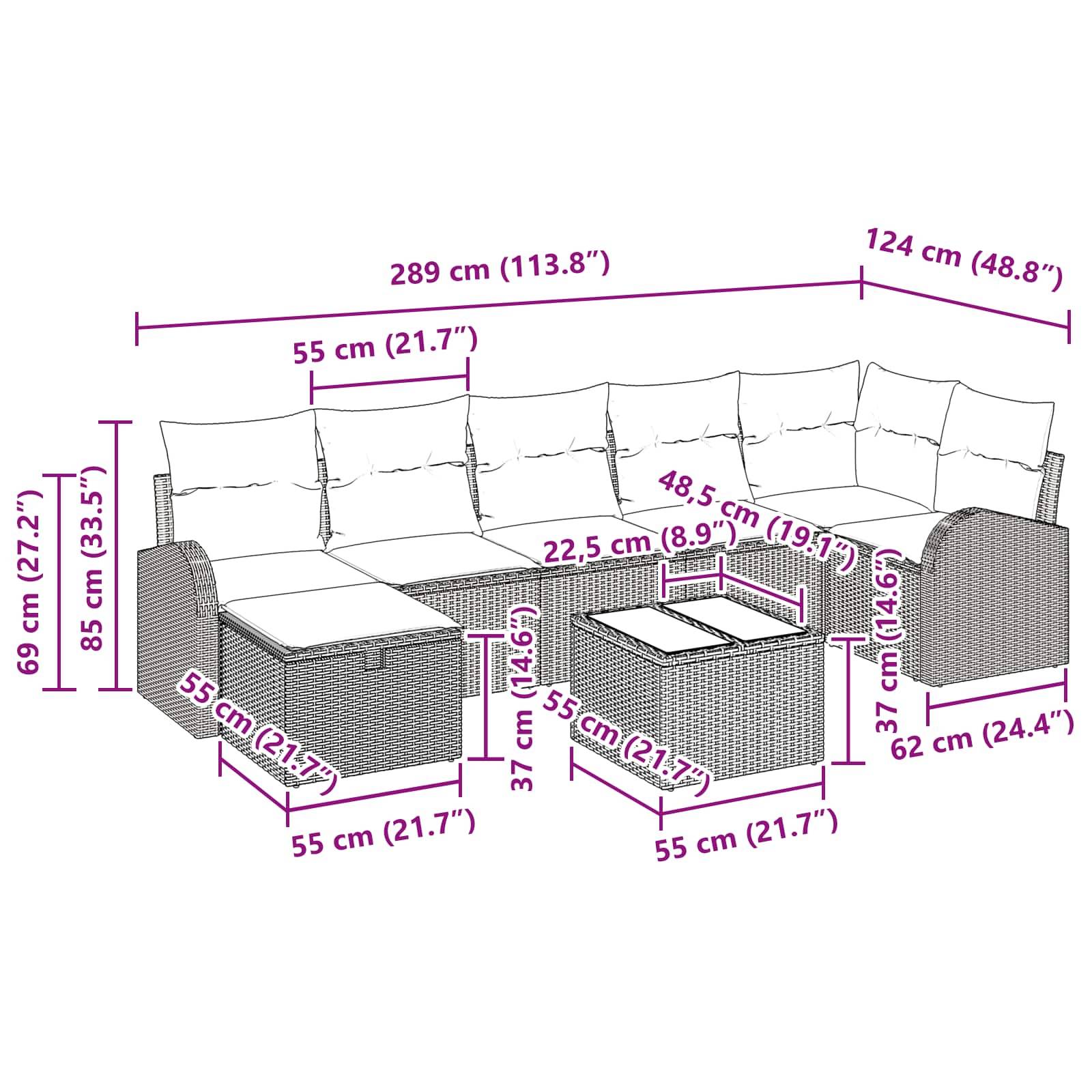 vidaXL Gartensofa-set mit Kissen mit Speicher 8 pcs Braun Poly-Rattan