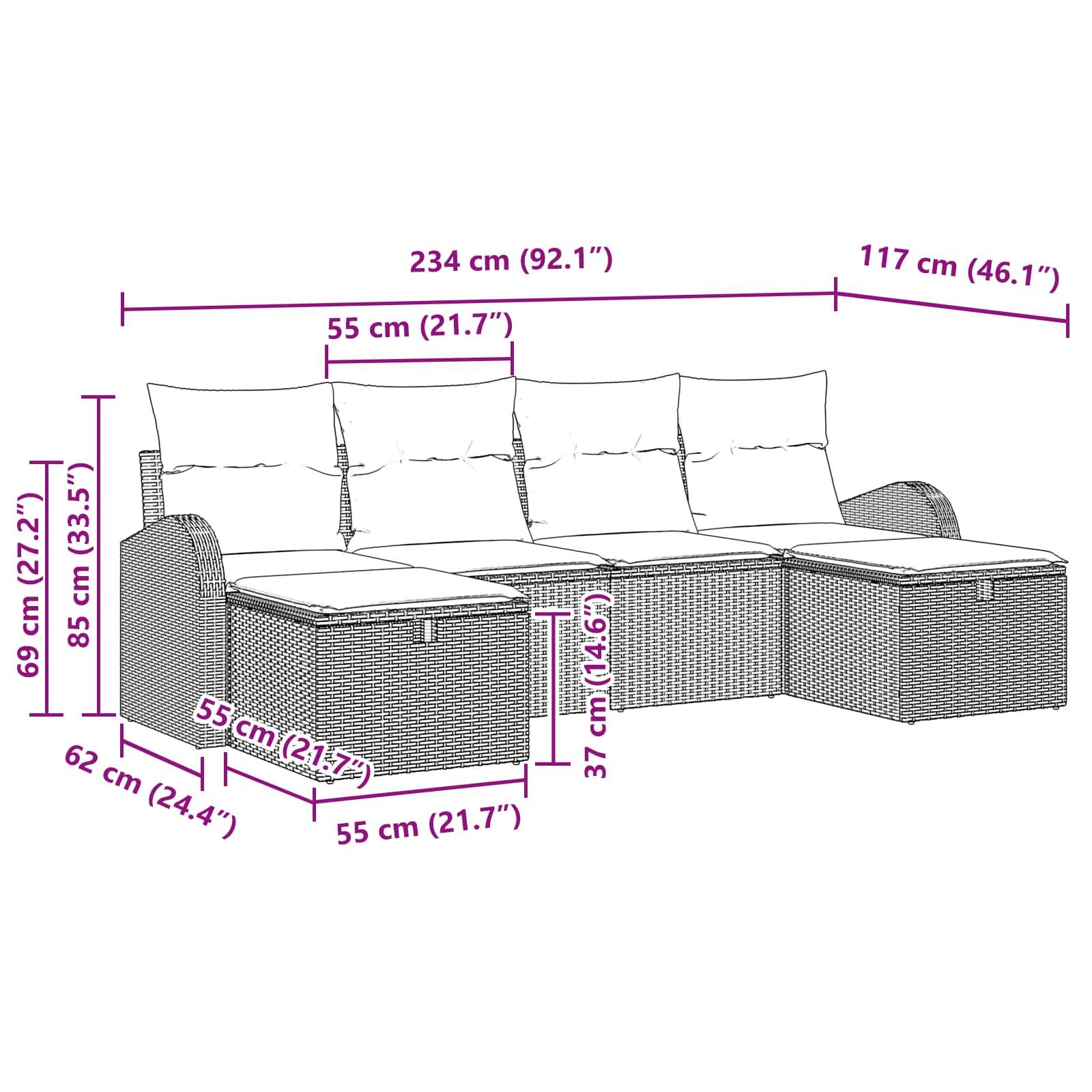 vidaXL Gartensofa-set mit Kissen 6 pcs Schwarz Poly-Rattan
