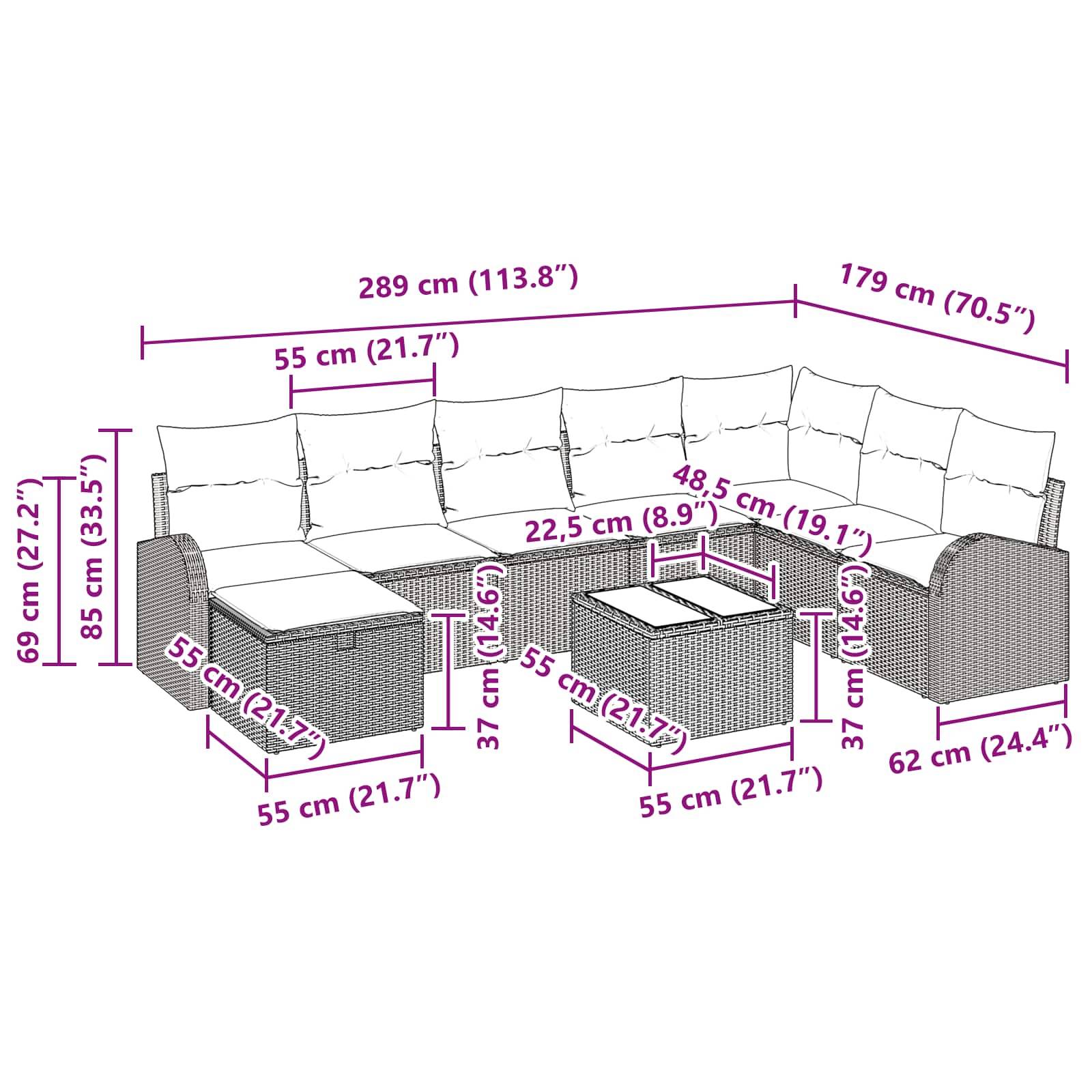 vidaXL Garten-Sofa-Set mit Kissen 9 pcs Schwarz Poly Rattan