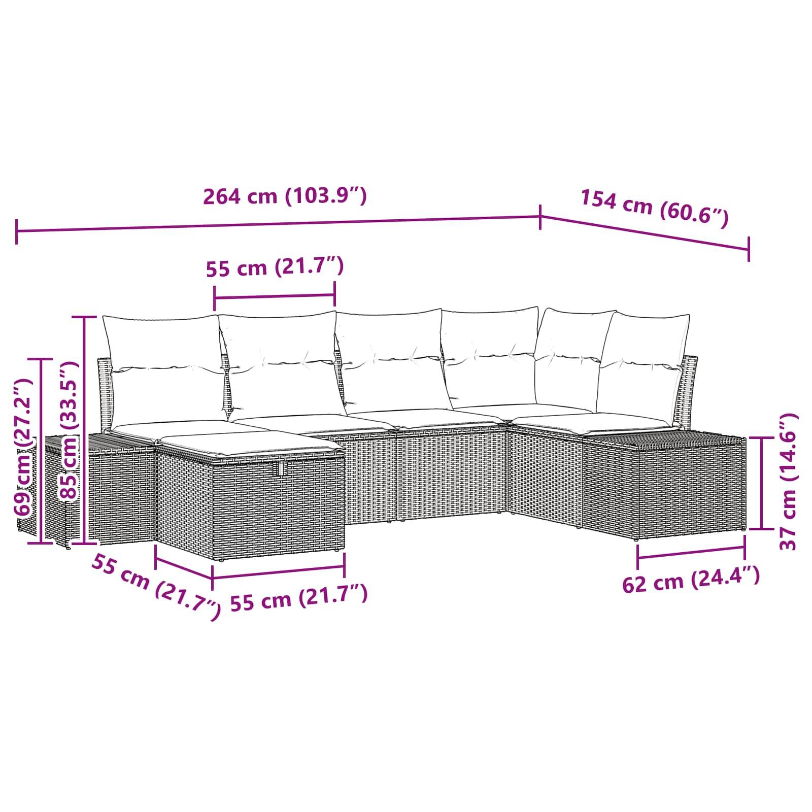 vidaXL Gartensofa-set mit Kissen 6 pcs Braun Poly-Rattan