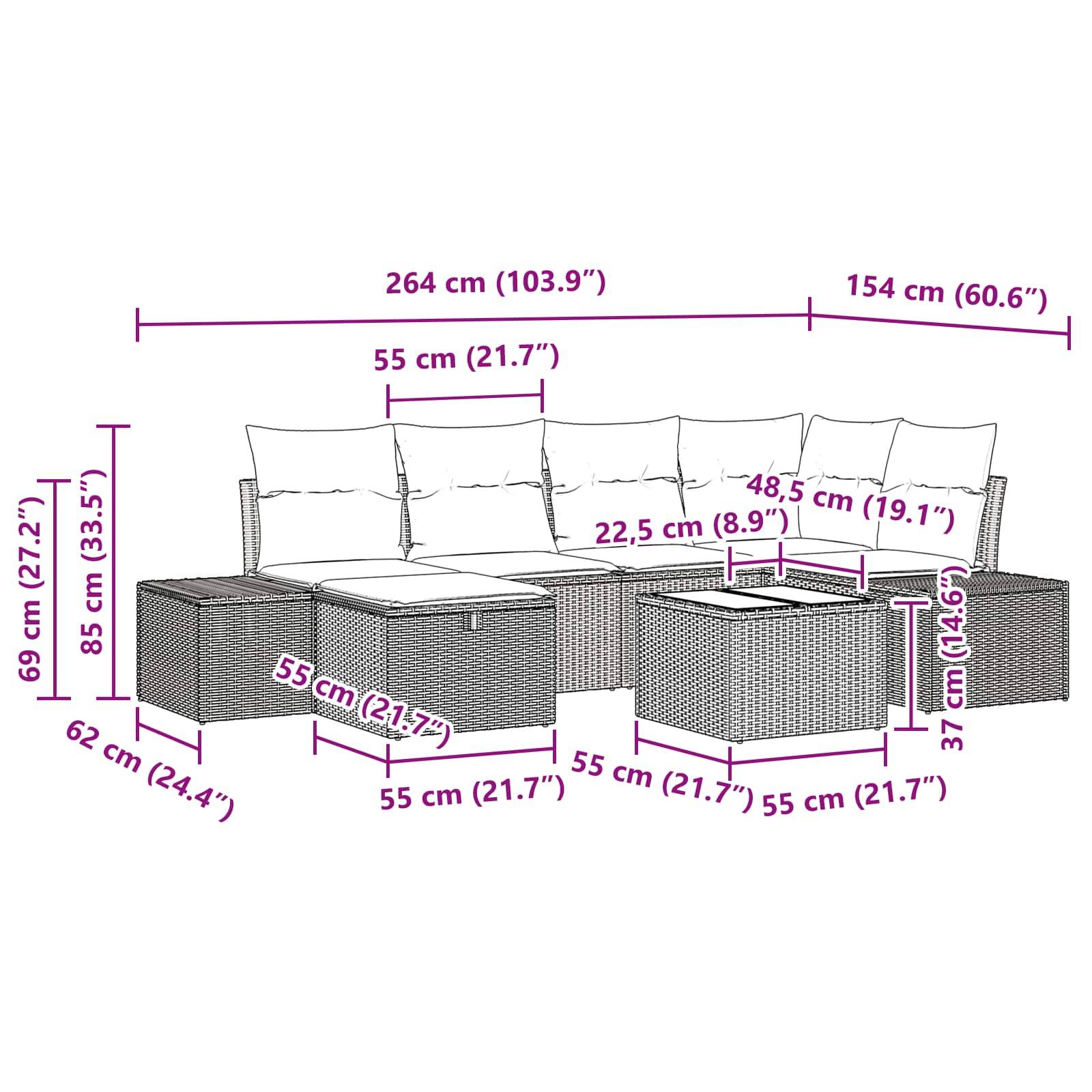vidaXL Gartensofa-set mit Kissen 7 pcs Braun Poly-Rattan